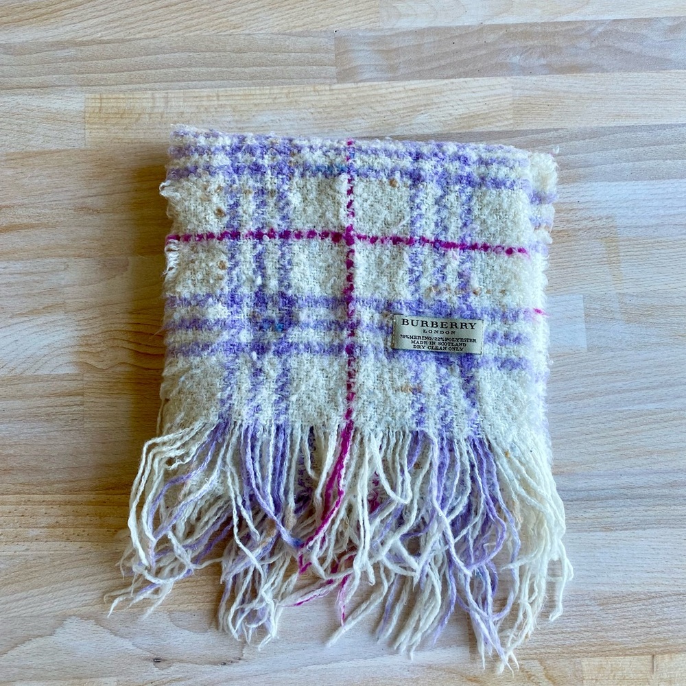 Authentic Burberry Wool Purple & White Plaid Scarf
